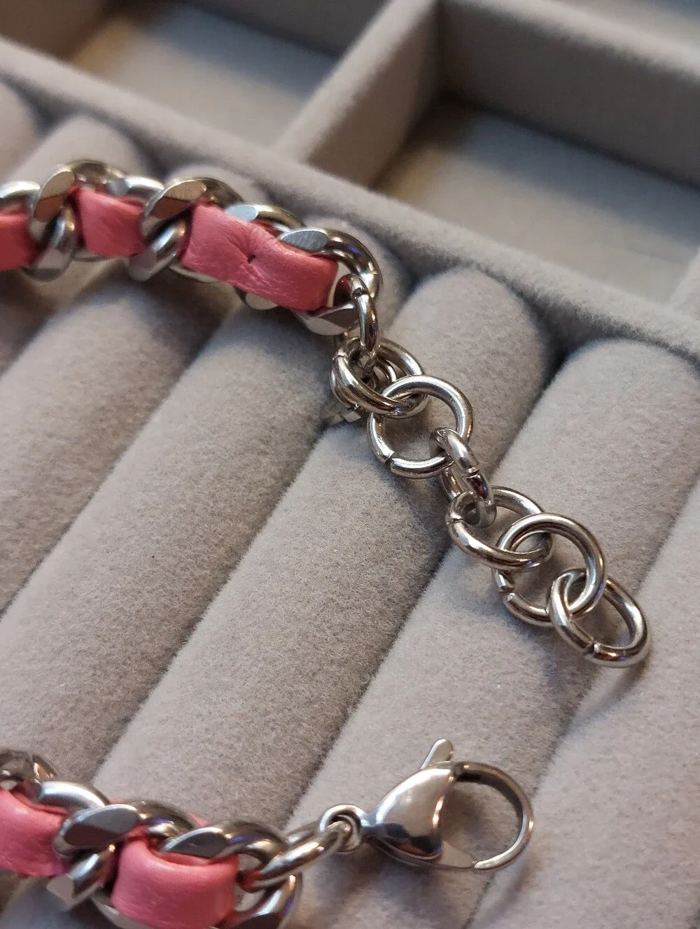 Stainless Steel Genuine Pink Leather Woven Chain Bracelet NEW